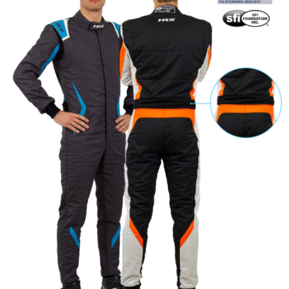 SFI and FIA Approved Racer Pro Suit - Orange and Blue Trim - Elite Motorsport Attire