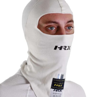 Male model wearing white HRX-branded balaclava.