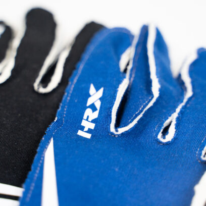 Ultra Close-Up of Finger Stitching on Blue HRX Race Glove