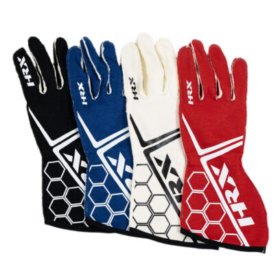 HRX's Racer's gloves collection, shown in red, blue, and white variations, highlighting their fireproof, durable high-quality materials.