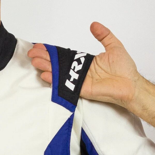 Close-Up of White HRX Speedway Pro Suit's Shoulder Cuff - Refined Detailing